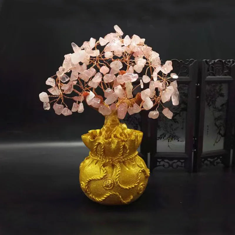 Seven-Chakra Pink Crystal Tree – Natural Healing Stone Ornament for Energy Balance