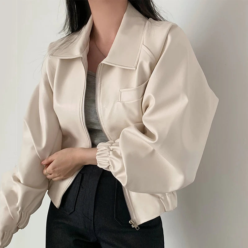 Women's PU Leather Polo Jacket – Loose Fit Casual Solid Color Long Sleeve Top Tally
