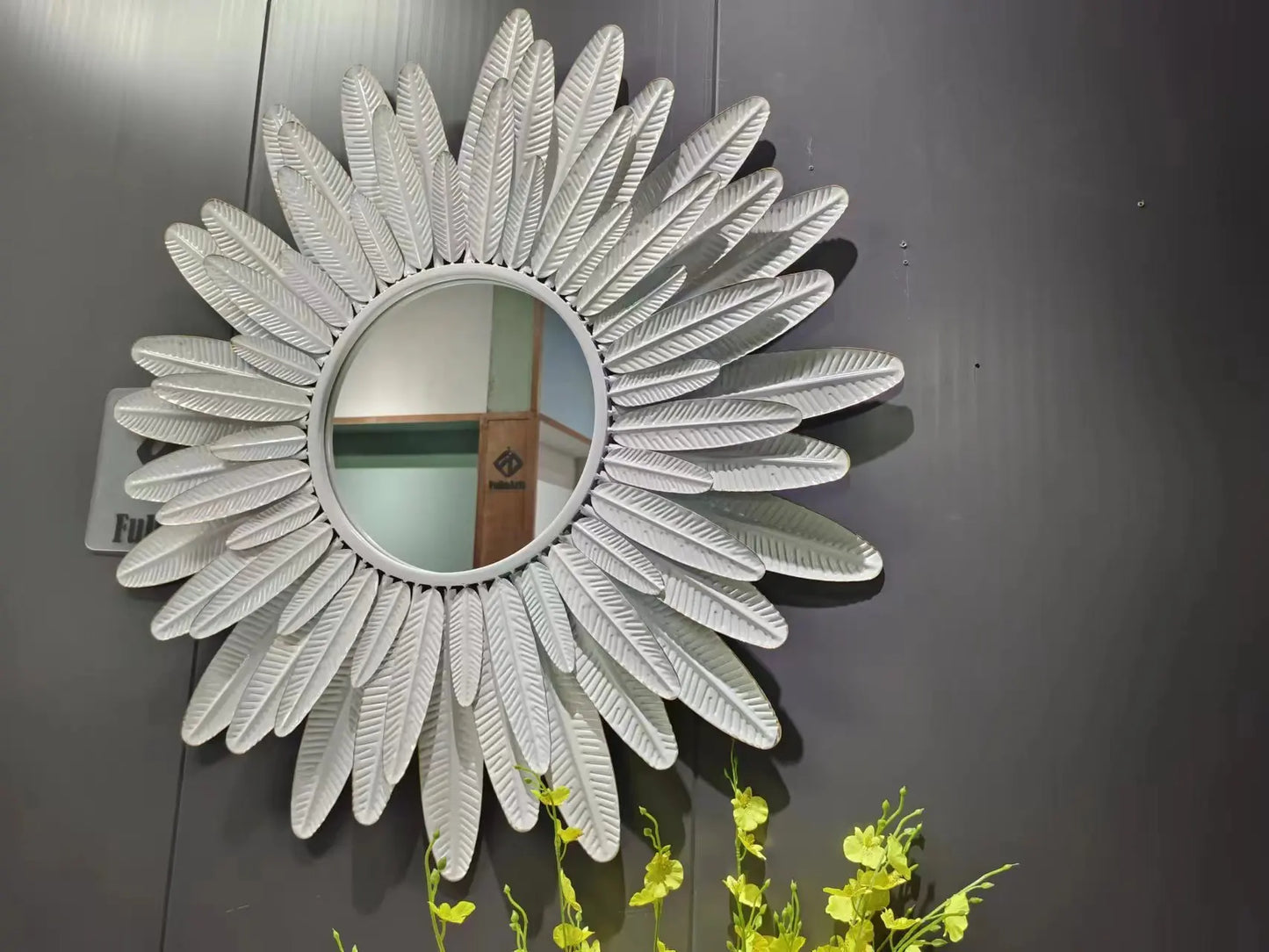 Large Gold Metal Frame Wall Art Mirror – Modern Feather Design Decorative Mirror for Living Room