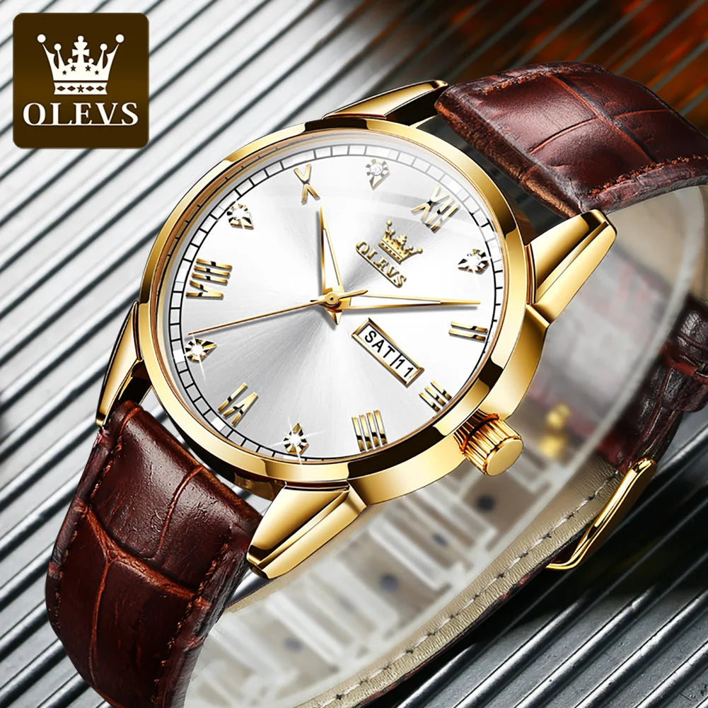 OLEVS 6896 Genuine Leather Quartz Watch – Waterproof Unisex Design with Stylish Dial for Men and Women
