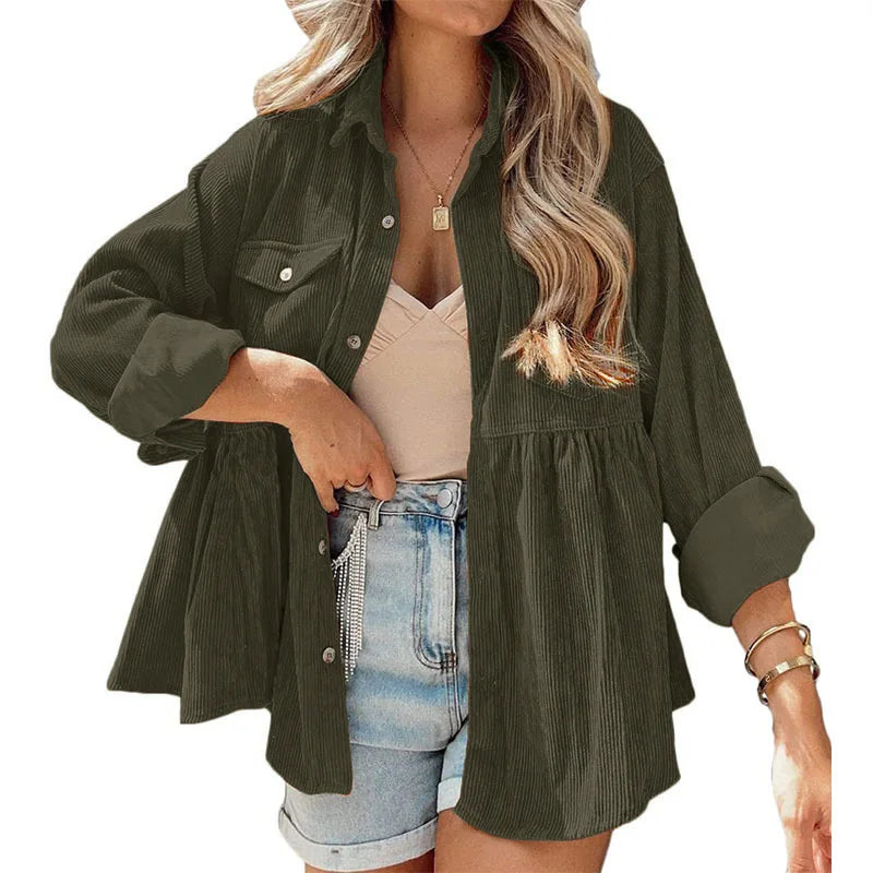 Women's Long-Sleeve Corduroy Ruffled Shirt with Button-Up Design – Elegant & Stylish Top