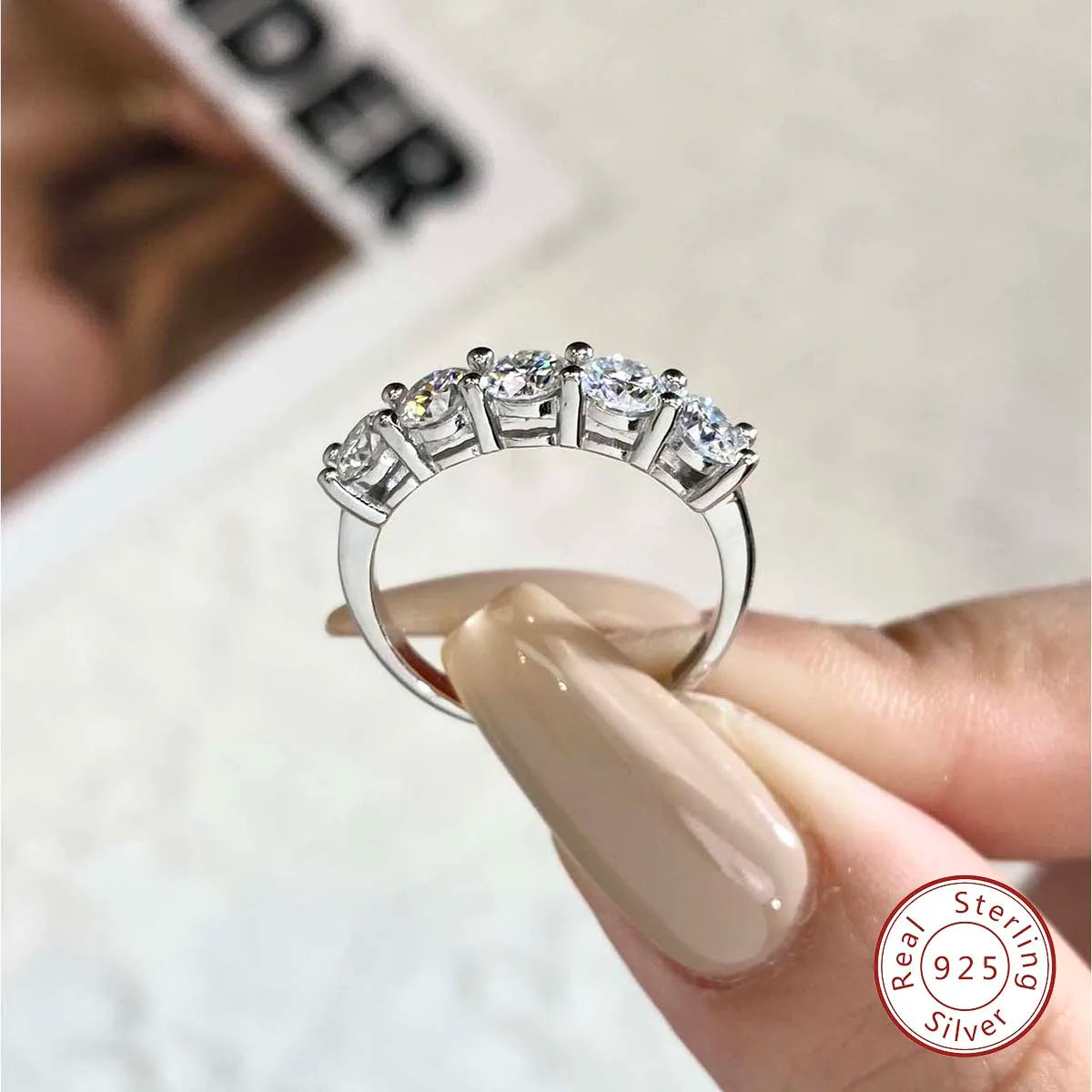 925 Sterling Silver 18K Gold Plated Moissanite Ring – 5-Stone 0.3ct Diamond Tennis Eternity Band for Engagement | Fine Jewelry Judith