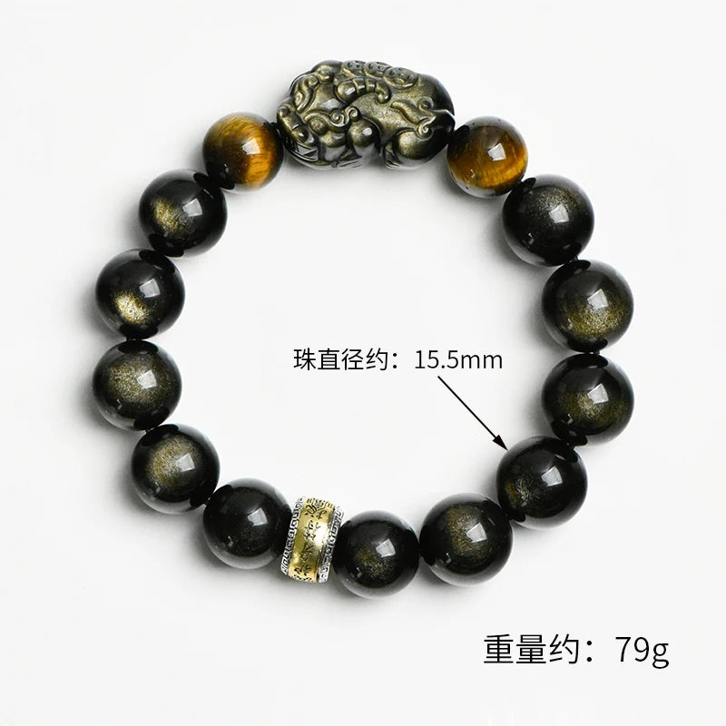Fortune Feng Shui Gold Obsidian Pixiu Beads Bracelet – Stainless Steel Lucky Amulet Jewelry