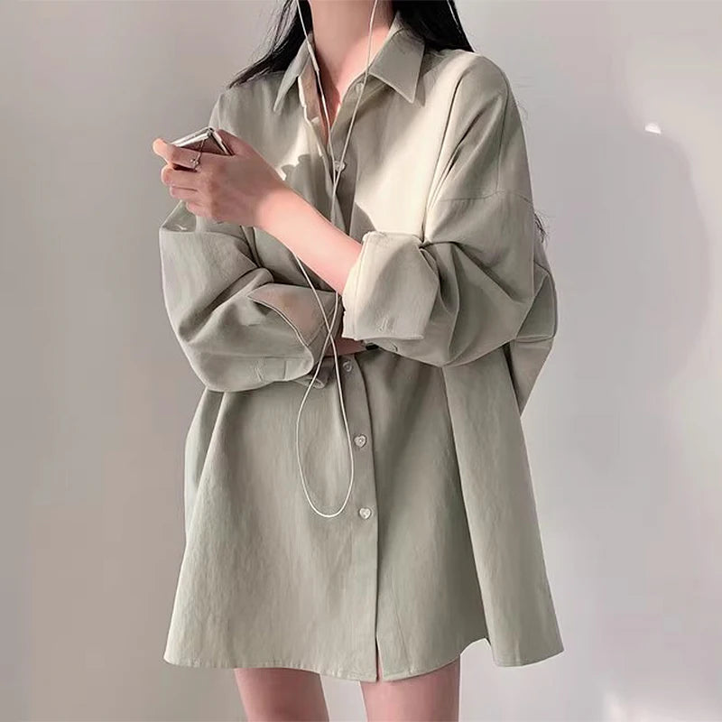 Summer Loose Fit Women's Long Sleeve Shirt – Polo Collar, Single-Breasted, Solid Color Design