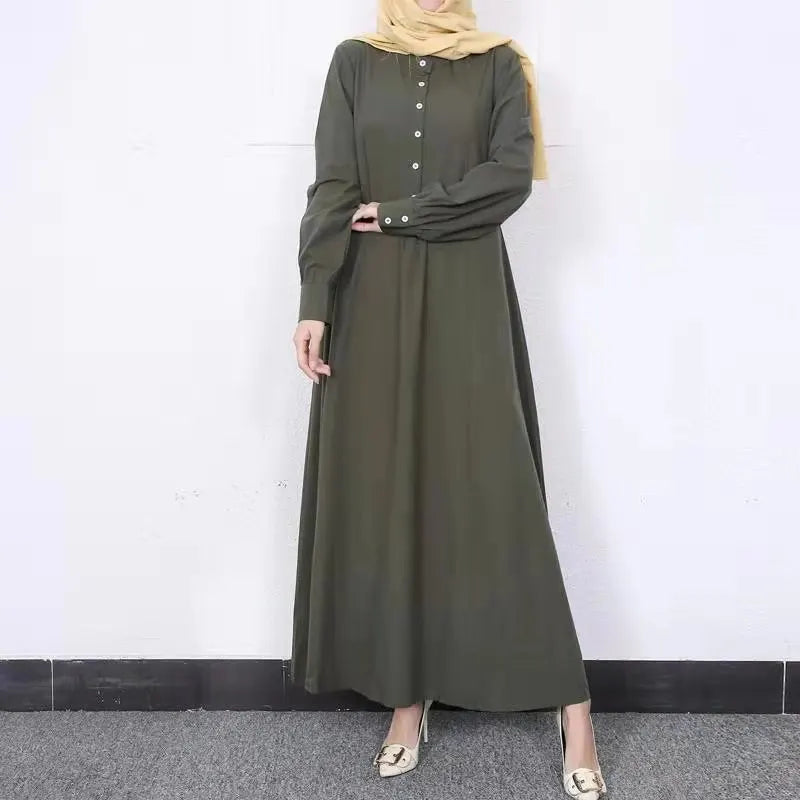 Long Sleeve Retro Ethnic Abaya with Buttons | Elegant Muslim Dress for Women Amira