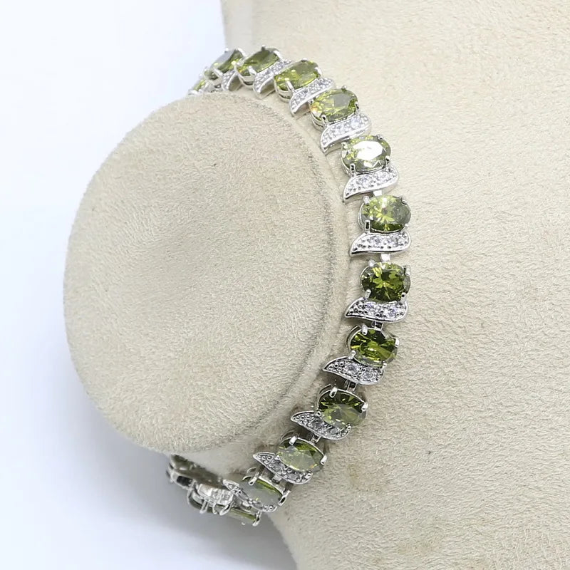 925 Sterling Silver Jewelry Set for Women – Olive Peridot & White Zircon Bracelet, Earrings, Necklace & Ring | Perfect for Parties & Weddings Coraline