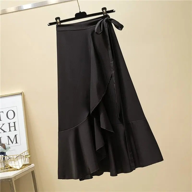 Women Girls Solid Color Fishtail Skirt Ruffles Irregular Hem Bandage Belt Hot Sell Mermaid Dress Long Skirt