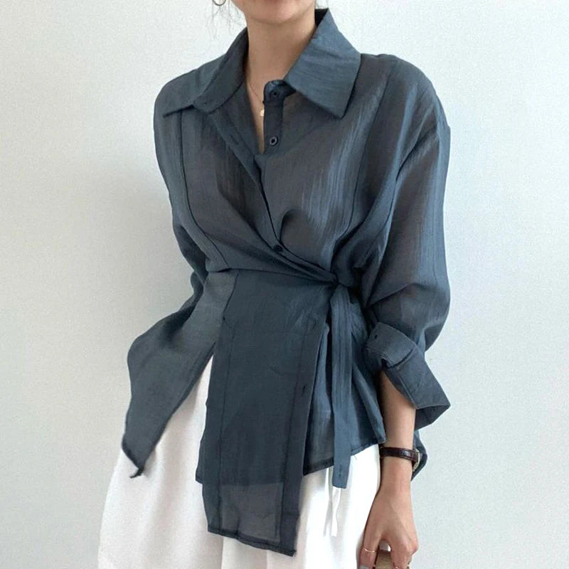 Women's Tie Waist Long Sleeve Shirt with Lapel and Irregular Hem