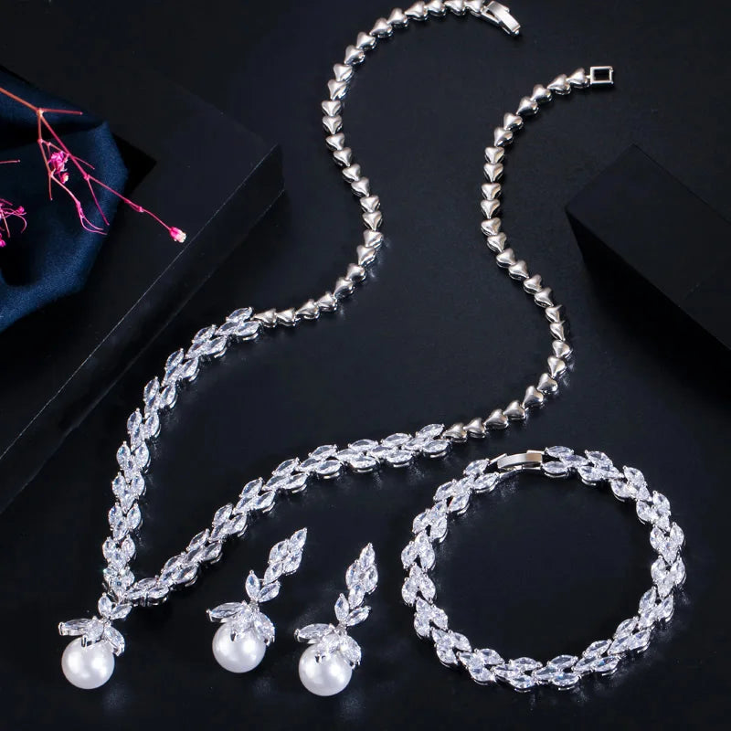 3pcs Silver Marquise-Cut Cubic Zirconia Jewelry Set – Big Pearl Drop Earrings, Bracelet & Necklace for Ladies Lisette