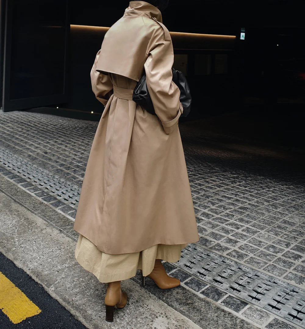 Women's Slim Fit Trench Coat – Mid-Length Korean Style with Standing Collar and Lace-Up Waist for Autumn Cinder