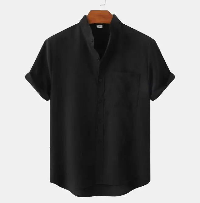 Men Summer V-neck Button up Cotton Linen Shirts Solid Color Short Sleeve Shirt Men's Fashion Trendy Shirts