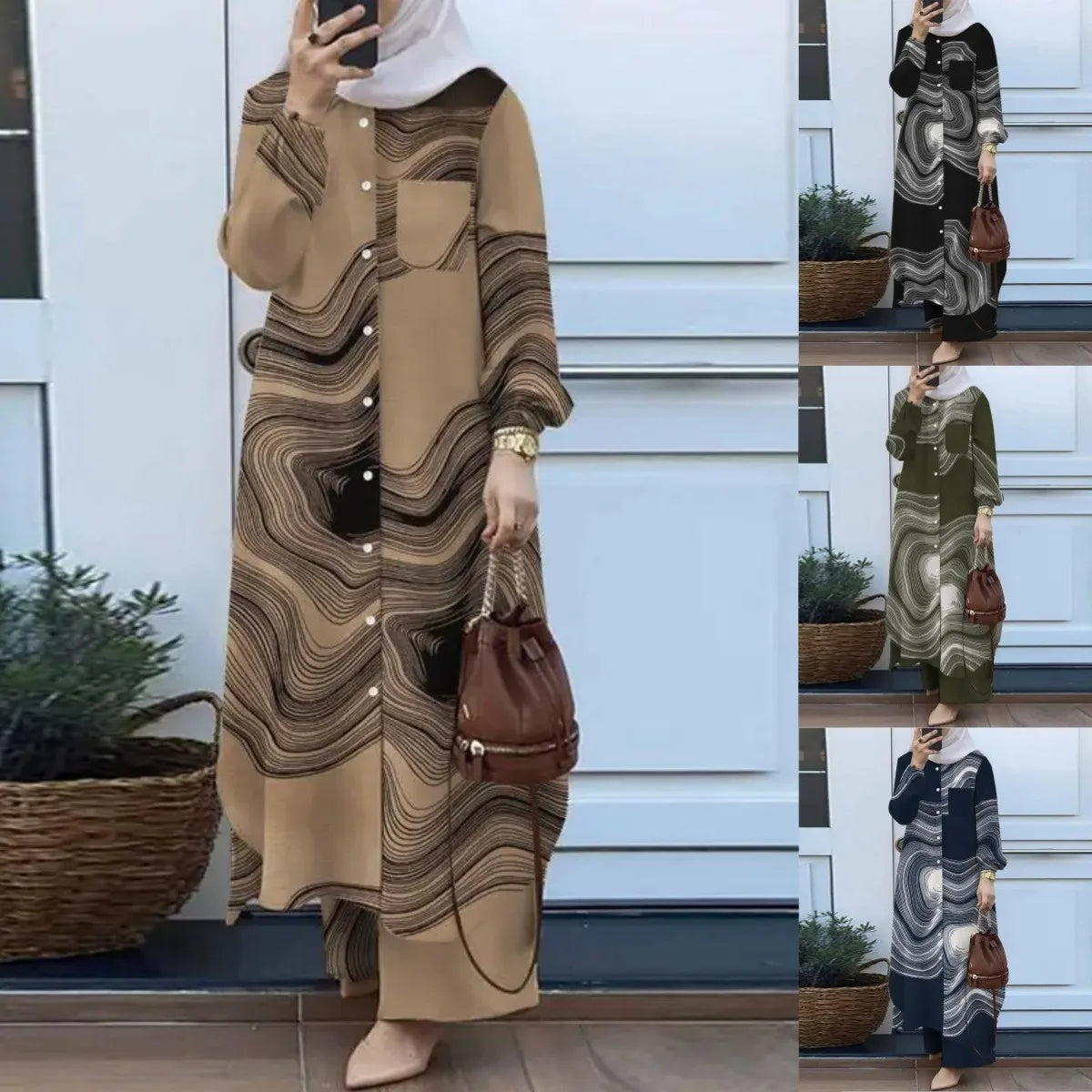 Muslim Women's Arabic Style Two-Piece Outfit – Long-Sleeve Shirt and Trousers Set for Modest Fashion Hiba