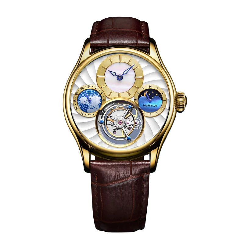 AESOP 7017 Luxury Men's Mechanical Watch – Skeleton Dial, Moon Phase Chronograph, Sapphire Crystal, Stainless Steel Tourbillon Wristwatch