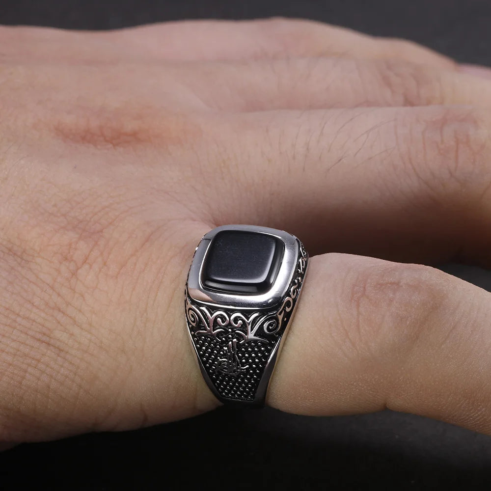 Vintage Punk 925 Sterling Silver Ottoman Tugra Men’s Ring – Square Black Stone, Engraved Retro Floral Design