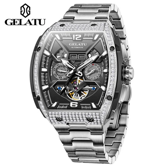 Gelatu 6016 Men's Fashion Automatic Mechanical Watch with Stainless Steel Strap – Waterproof Branded Wristwatch
