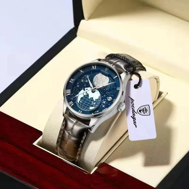 POEDAGAR 803 Men's Quartz Watch – Fashion Leather Strap Waterproof Wristwatch with Globe Dial, Automatic Calendar, and Trendy Design Nicolas