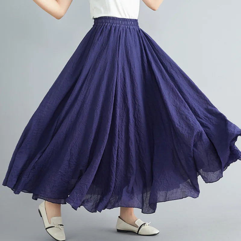 Women Loose Cotton Linen Elastic Waist A-line Solid Color Pleated Skirt