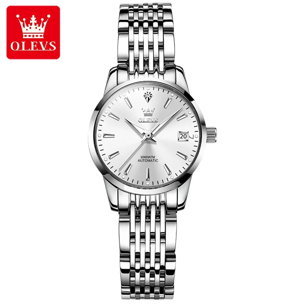 Olevs 6635 Automatic Luxury Watch - Women's Stainless Steel Strap, Classic Fashion Design, Mechanical Movement with Calendar & Date