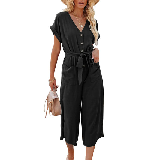 Women's Loose V-Neck Jumpsuit | Casual Lace-Up Design with Pockets Janine