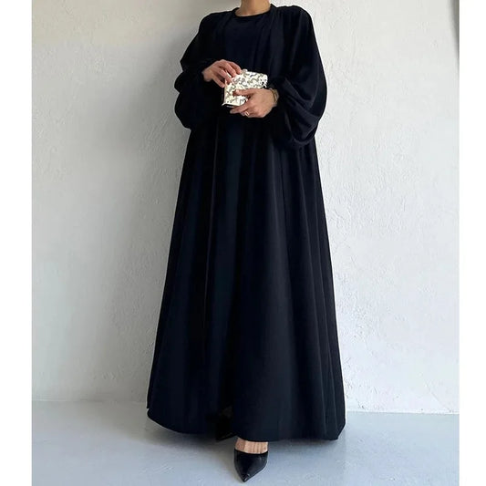 Two-Piece Abaya Set with Long Sleeve Outer & Sleeveless Inner Dress – Dubai & Turkey Style Muslim Nabila