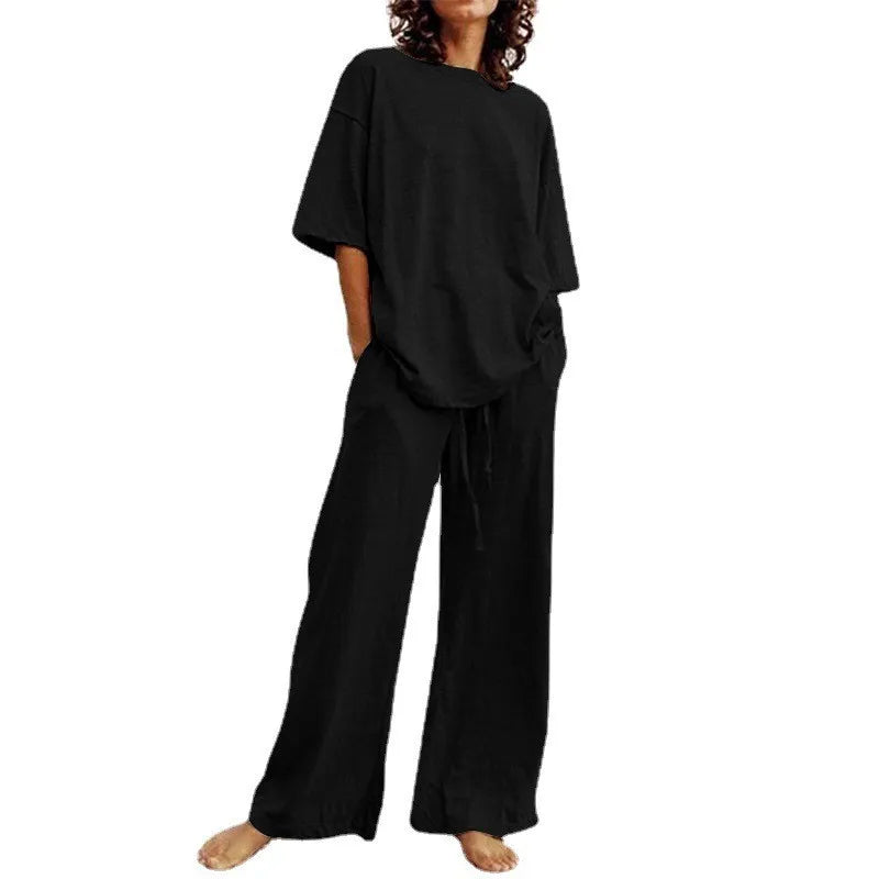Spring & Summer Women's Cotton Linen 2-Piece Set – Casual High-Quality Half Sleeve O-Neck Top with Wide-Leg Pants