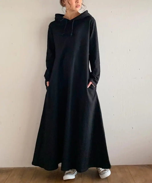 Women’s Maxi Pleated Dress with Pockets | Korean Fashion Winter Hooded Dress Mavy