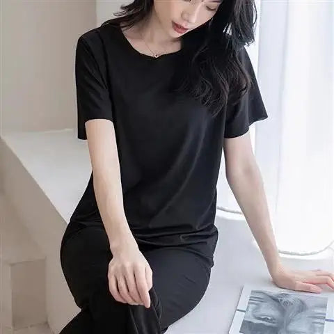 Women's Summer Casual Two-Piece Set – Solid Color Short Sleeve T-Shirt and Wide-Leg Trousers
