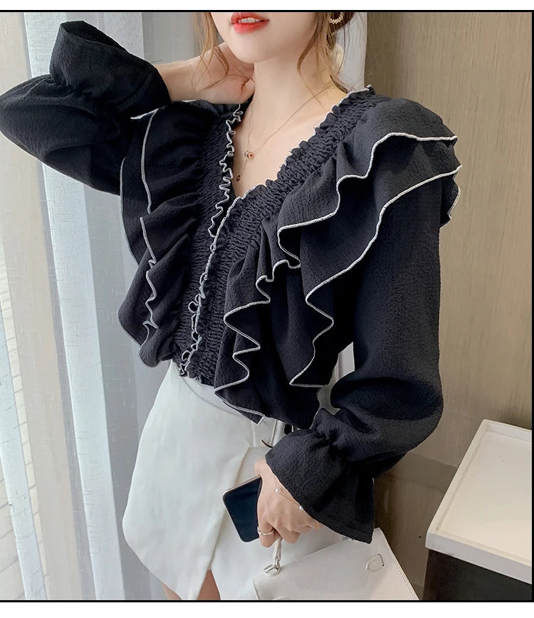 Women's Ruffle Pleated Chiffon Blouse – Court Style, Solid Color, Flare Long Sleeve Casual Top