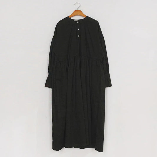 Spring Korean Minimalist Lantern Sleeve Dress – Round Neck, Three-Button Design, Loose Waist Solid Color Frances