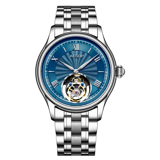AESOP 7041 Luxury Skeleton Tourbillon Men’s Watch – Roman Numerals, Stainless Steel, Sapphire Crystal Automatic