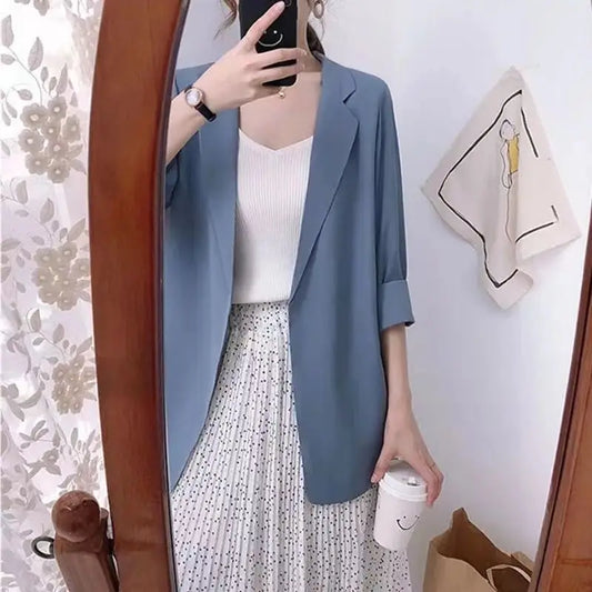 New Women’s Spring & Summer Chiffon Suit Cardigan – Seven Sleeve, Mid-Long Lapel V-Neck Casual Loose Jacket Maribel