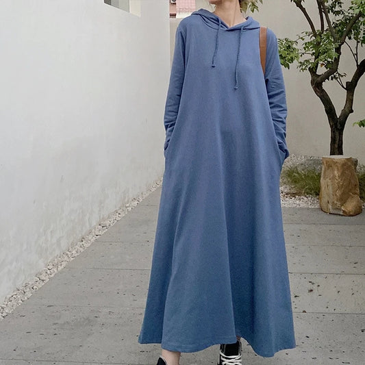 Korean Style Hooded Maxi Dress | Casual Loose Fit Solid Color Swing Dress for Autumn & Winter Candace