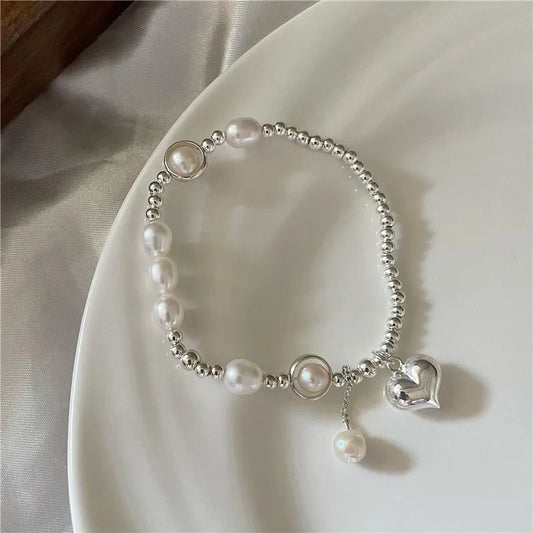 Handmade 925 Sterling Silver Bead Necklace with Natural Freshwater Pearl & Heart Charm Bracelet Ilayda