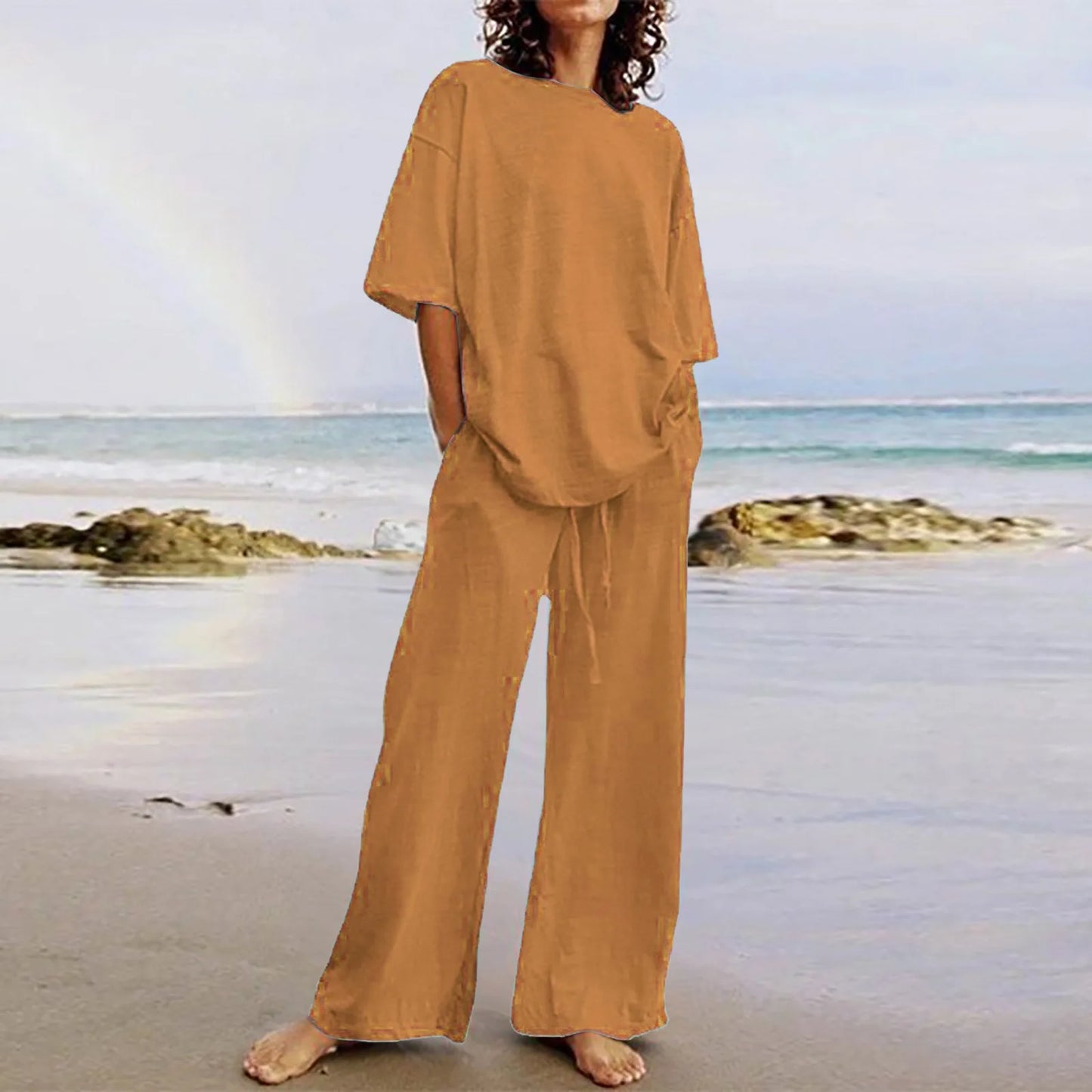 Spring & Summer Women's Cotton Linen 2-Piece Set – Casual High-Quality Half Sleeve O-Neck Top with Wide-Leg Pants