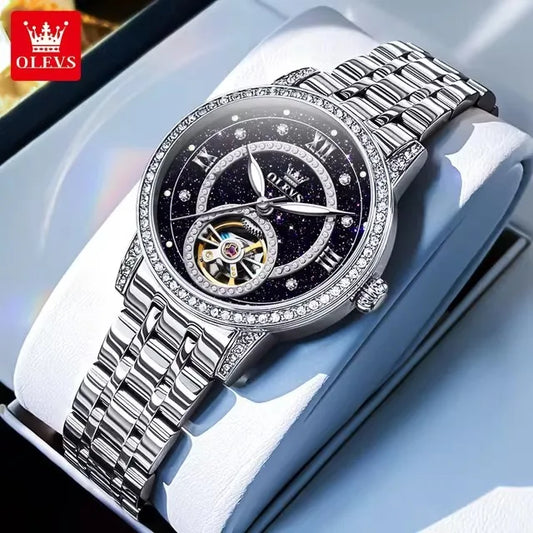 OLEVS 7036 Women’s Skeleton Mechanical Watch – Diamond Bezel Elegant Automatic Ladies Wristwatch