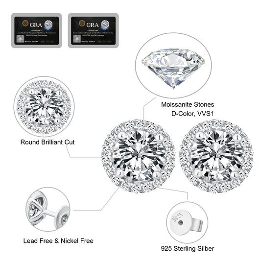 Luxury 1CT D Color VVS1 Moissanite Stud Earrings – GRA Certified Halo Flower Design, 925 Sterling Silver