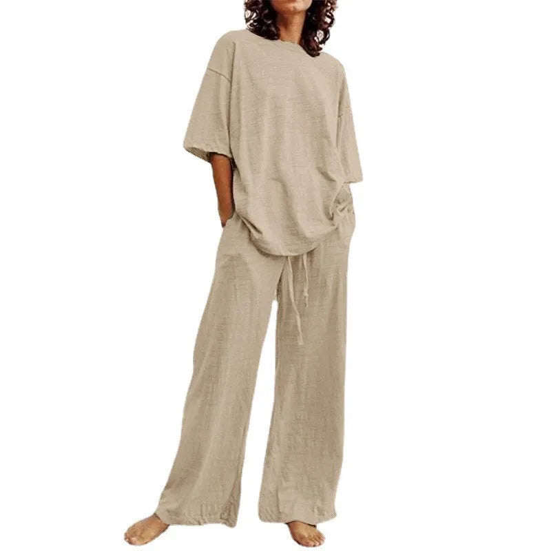 Spring & Summer Women's Cotton Linen 2-Piece Set – Casual High-Quality Half Sleeve O-Neck Top with Wide-Leg Pants