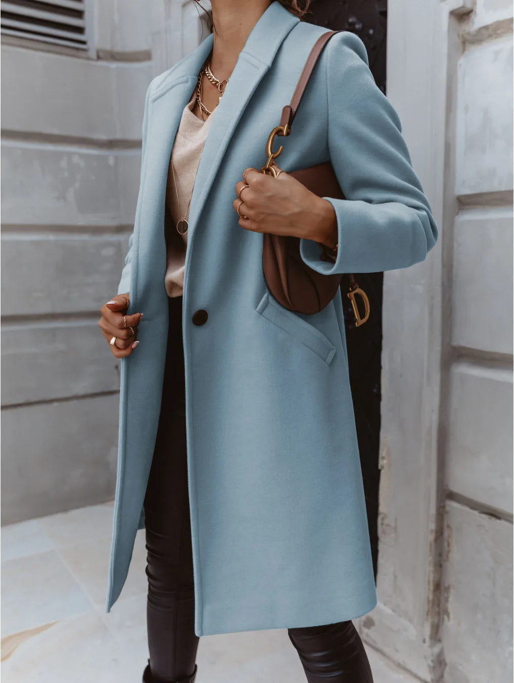 Women's Solid Color Woolen Coat - Lapel Button Mid-Length Autumn & Winter, Office Wear Cathy