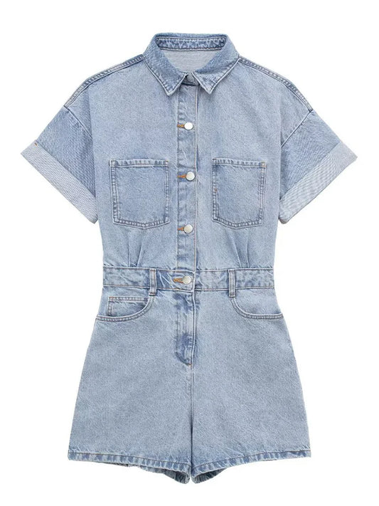 Women's Denim Short Jumpsuit - Retro High-Waist Style with Zipper Placket | Casual Chic Outfit Sabrina