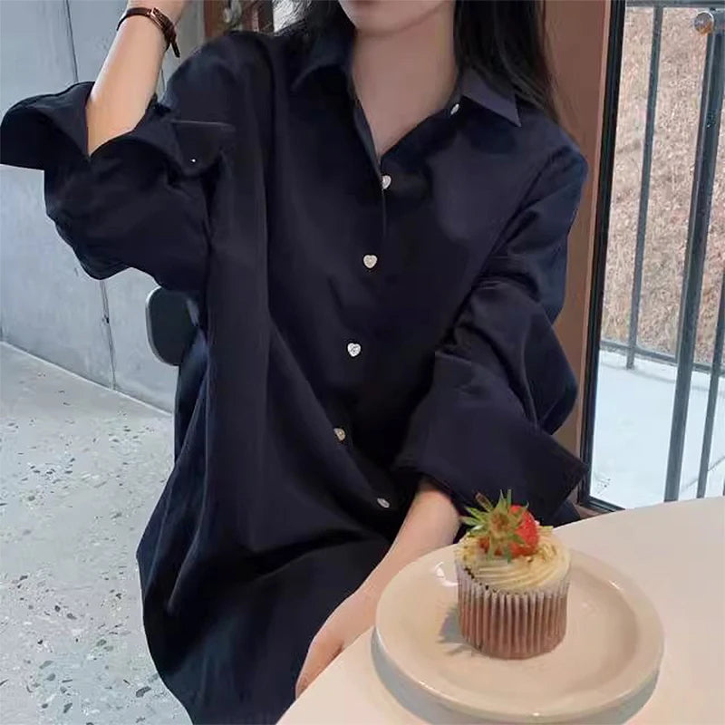 Summer Loose Fit Women's Long Sleeve Shirt – Polo Collar, Single-Breasted, Solid Color Design