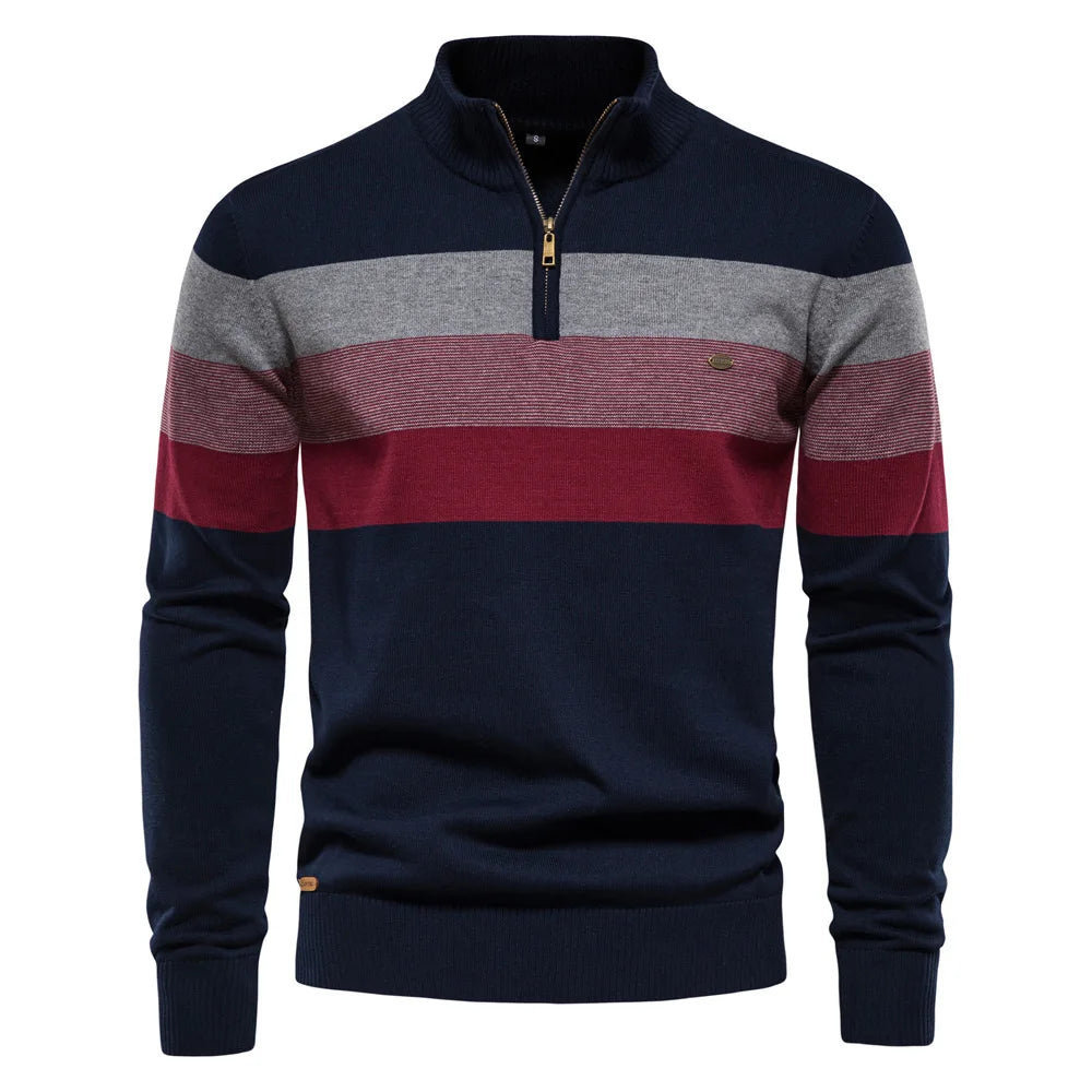 Men's Casual Cotton Pullover Sweater - Warm Zipper Neck Patchwork Design for Everyday Style Gilbert