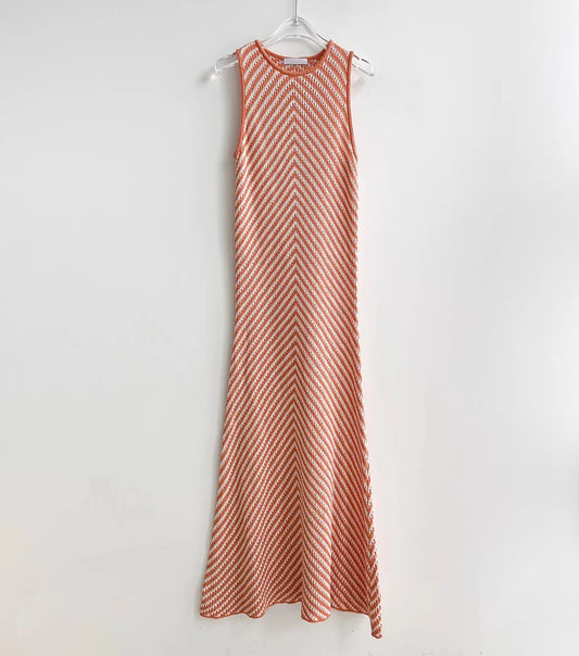 Ladies' Mid-Length Knitted Dress - Breathable Sleeveless Summer Dress with Contrast Stripes Octavia