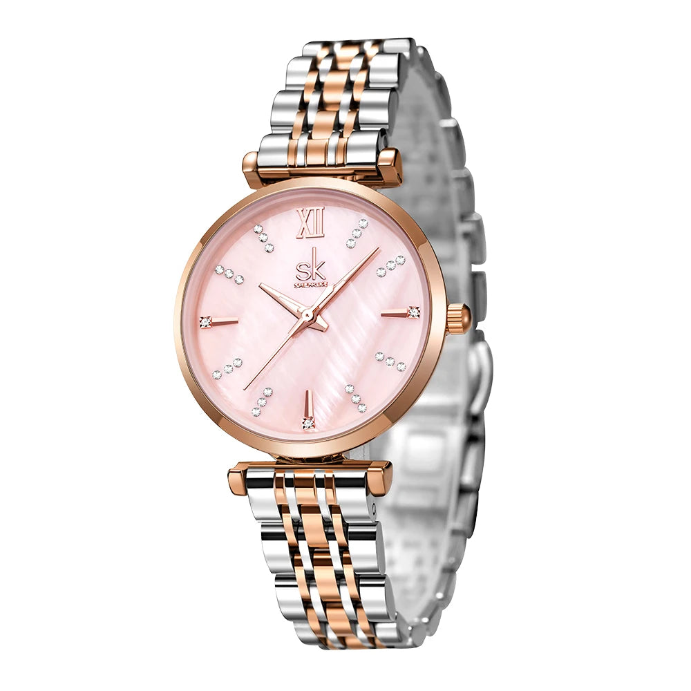 Shengke Women’s Stainless Steel Watch – Black Waterproof Quartz Wristwatch for Easy Matching Prudence