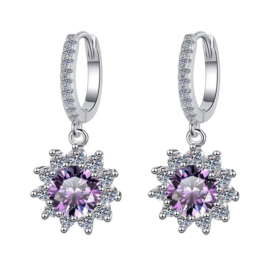 Fine Jewelry | Flower Shape S925 Sterling Silver Moissanite Earrings | 1Ct/0.5Ct Blue & Pink Stud and Hoop Design | GRA Certified Pamela
