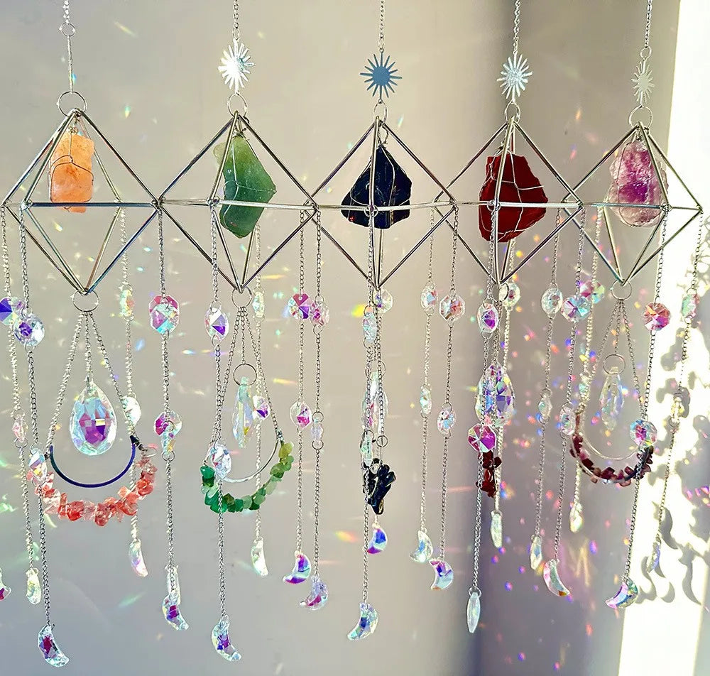 Natural Crystal Handmade Sun Catcher | Moon-Shaped Rainbow Prism Decor
