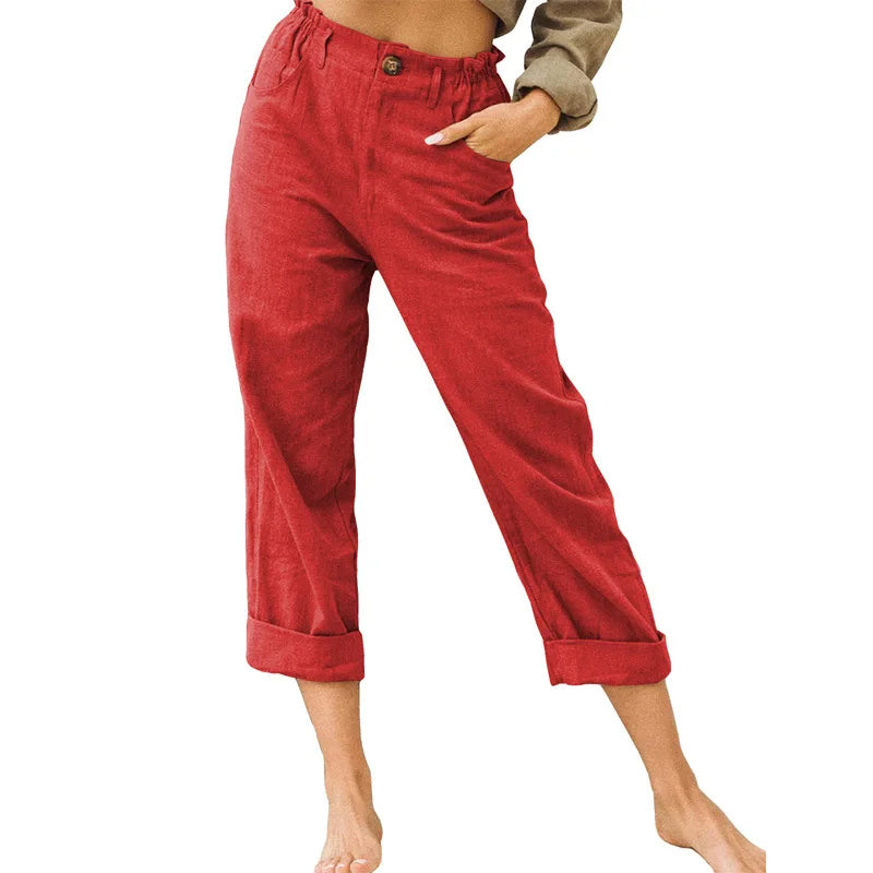 Summer High-Waist Cotton Linen Trousers | Loose Fit Casual Solid Color Pants for Women Trina