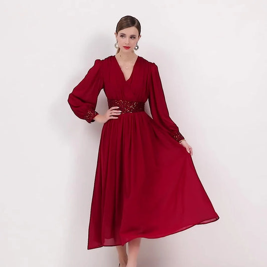Long Sleeve Maxi Dress – Waist‑Cinching A‑Line Skirt with Bubble Sleeves, Elegant Goddess‑Style Holiday Party Outfit Pia