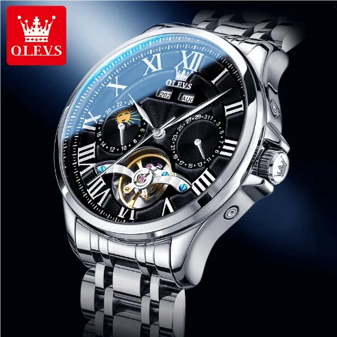 OLEVS 7013 Men's Moon Phase Mechanical Watch – Roman Scale, Hollow Flywheel, Waterproof Automatic Timepiece