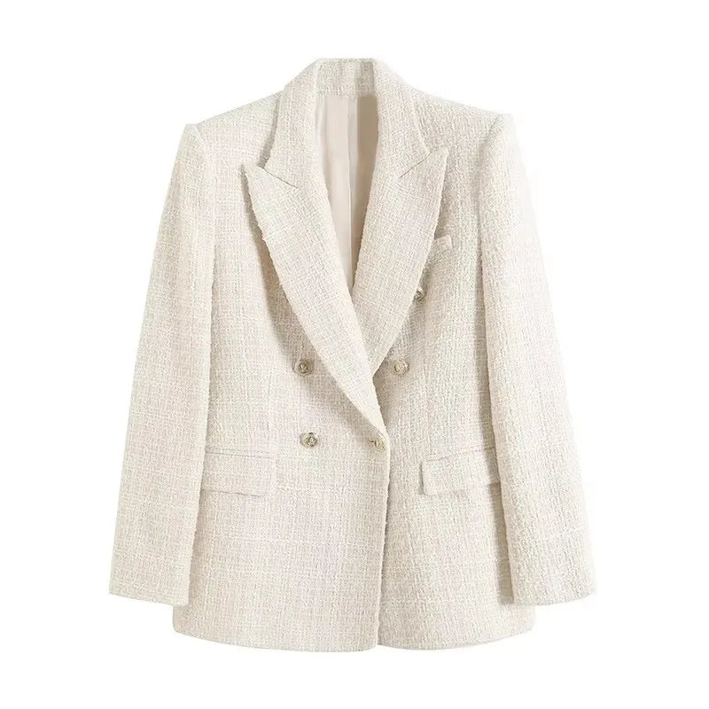 Women's Vintage Houndstooth Blazer Coat - Long Sleeve Double-Breasted Outerwear with Flap Pockets Constantia