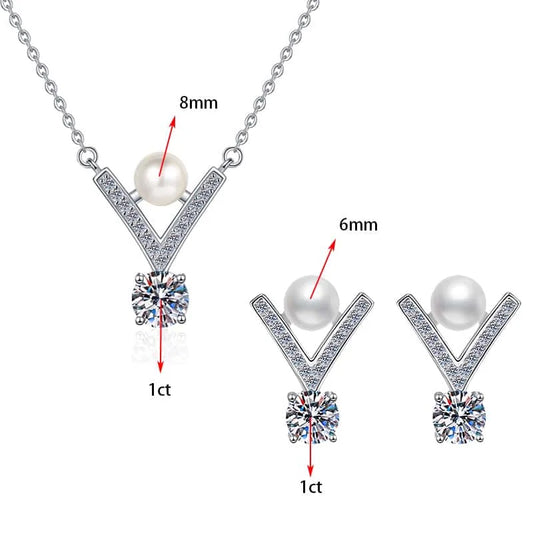 S925 Sterling Silver Moissanite & Pearl Jewelry Set – 0.5ct D Color VVS1 Earrings & Necklace for Women Yna